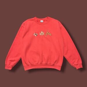 Vintage y2k Sweatshirt Embroidered Leaf Coral Pink Crewneck Pullover Medium